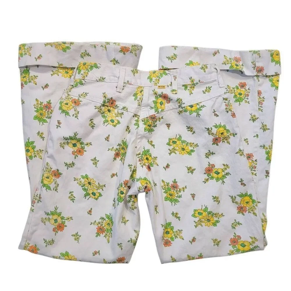 Vintage 1960s Big Yank Jeans 28 White Floral Hippie Psychedelic Bell Bottom